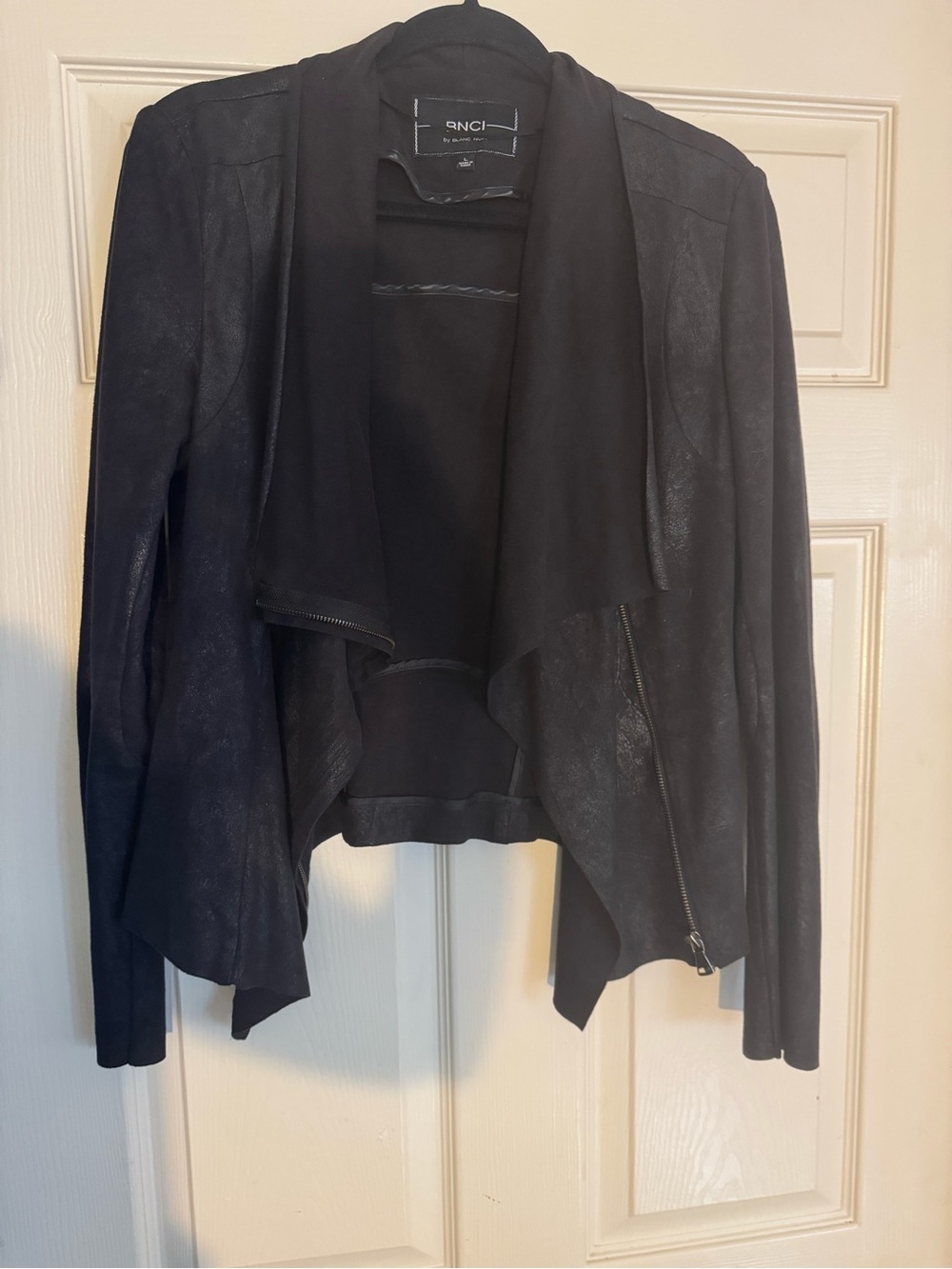 blanc noir Black Draped Faux-Leather Open Front Jacket